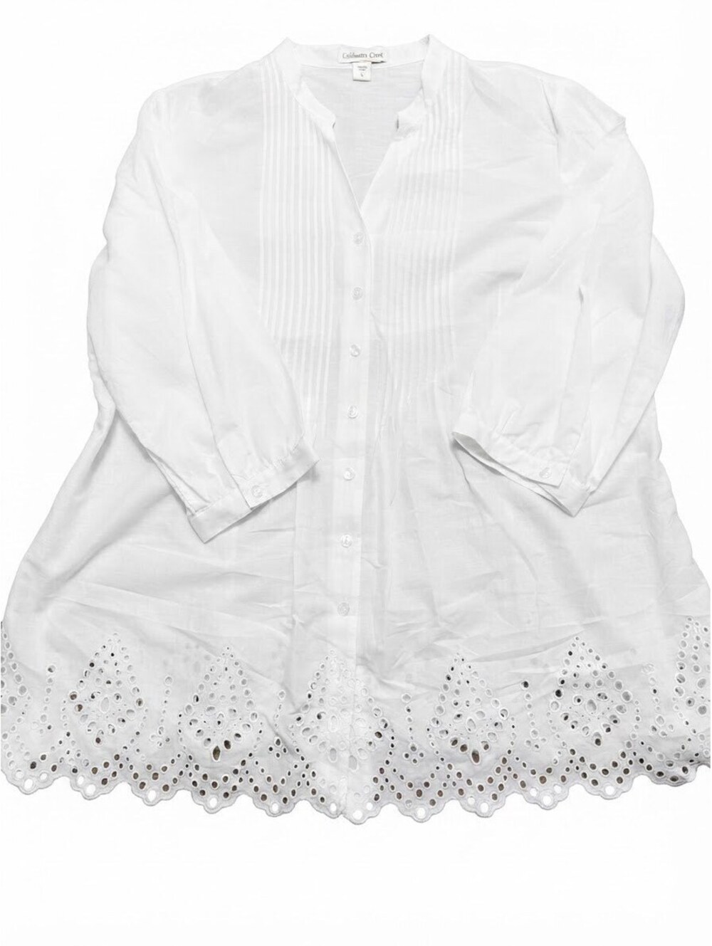 Coldwater Creek White Eyelet Embroidered Tunic Shirt XL 16 Linen Blend V-Neck